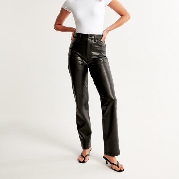 Abercrombie & Fitch 30 US 10 90s Straight High Rise Black Vegan Leather‎ Pants - Picture 3 of 9